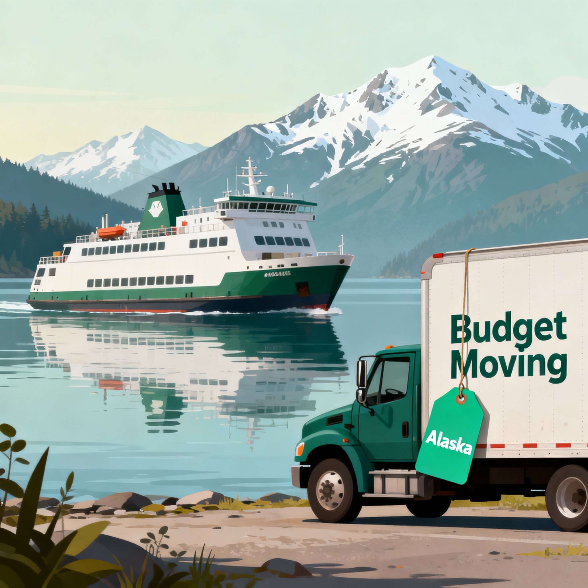 Alaska hero banner with mountains, ferry and a moving truck